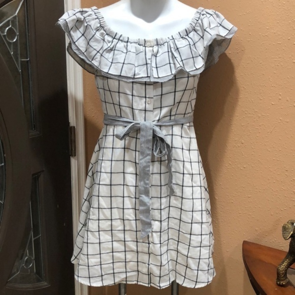 Skies are Blue off the shoulder squares dress